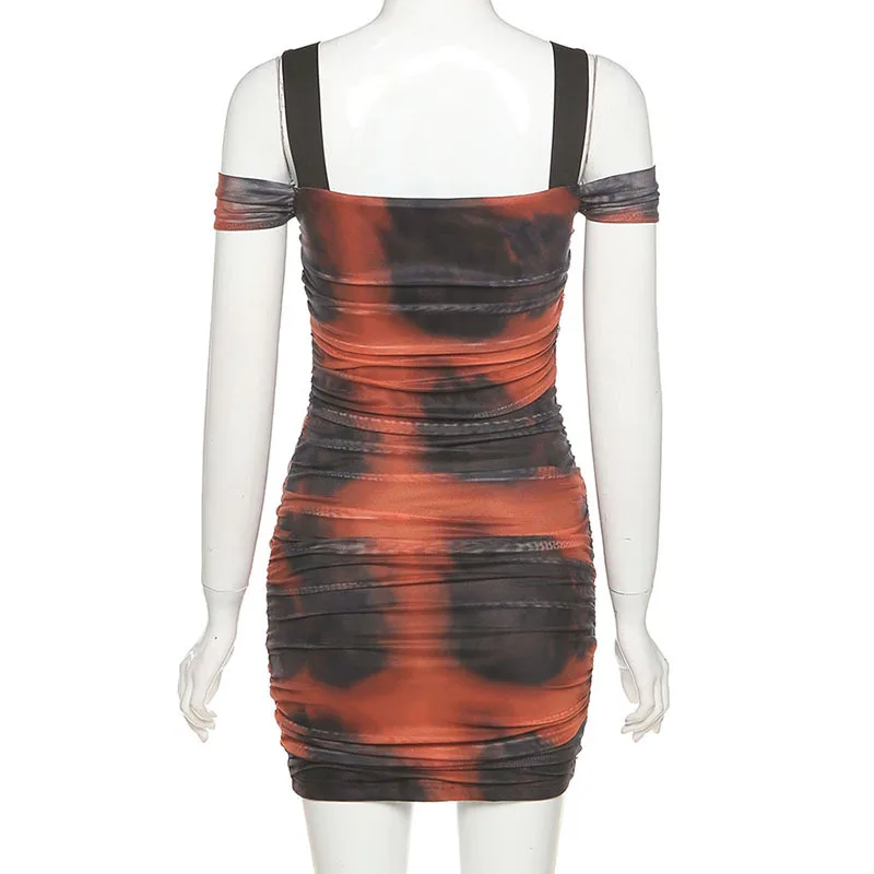 

XBUEN Vintage Pleated High Waist Sundresses Women Tie Dye Off Shoulder Strap Summer Dresses Sexy Slash Neck Mini Dress Vestidos