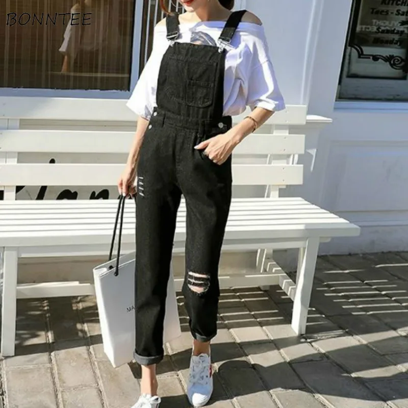 Jumpsuits Women Hole Pocket Korean Style Chic All-match Streetwear Leisure Solid Soft Casual Denim Womens Daily New Fashionable |