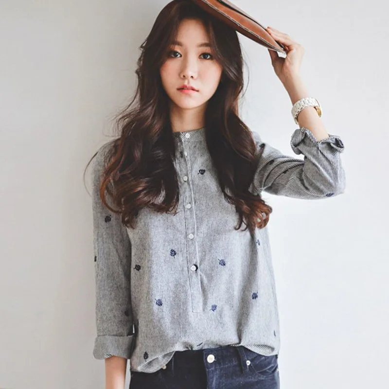 

2020 Spring and Autumn New Style Striped Leaves Embroidered Korean-style Stand-Collar Shirt Long Sleeves Slimming Women's Base S
