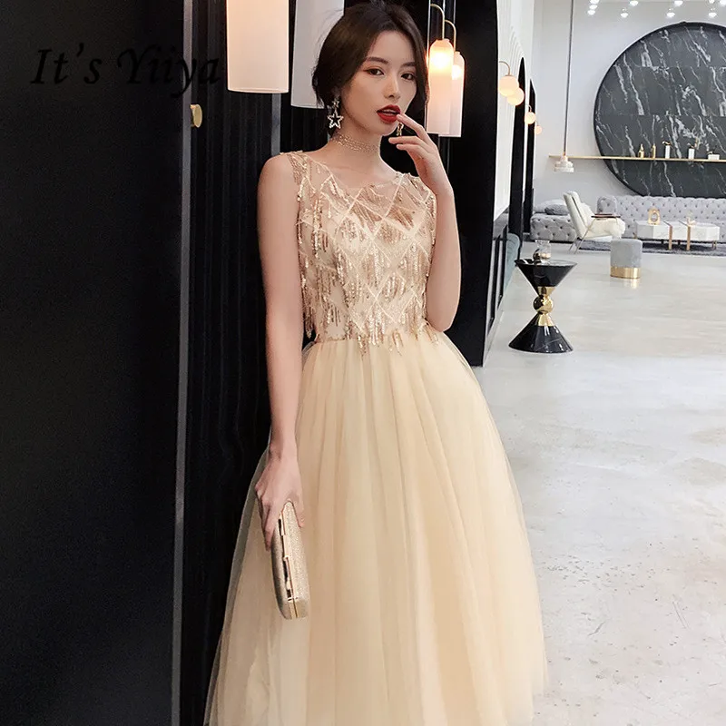 

It's Yiiya Champagne Prom Dresses Elegant O-neck Sequined Tassel Formal Party Gowns Sleeveless Vestidos De Fiesta K264