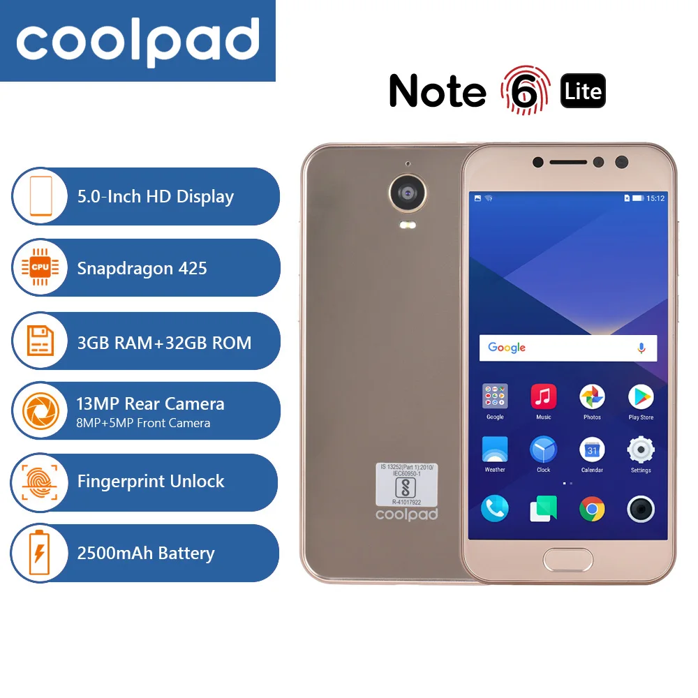 Coolpad примечание 6 Lite 4G, мобильный телефон с функцией 5-дюймовый HD Дисплей Android 7,1 3 Гб оперативной памяти, Оперативная память+ 32 ГБ Встроенная память 13MP 8MP 2500mAh смартфон с отпечатками пальцев