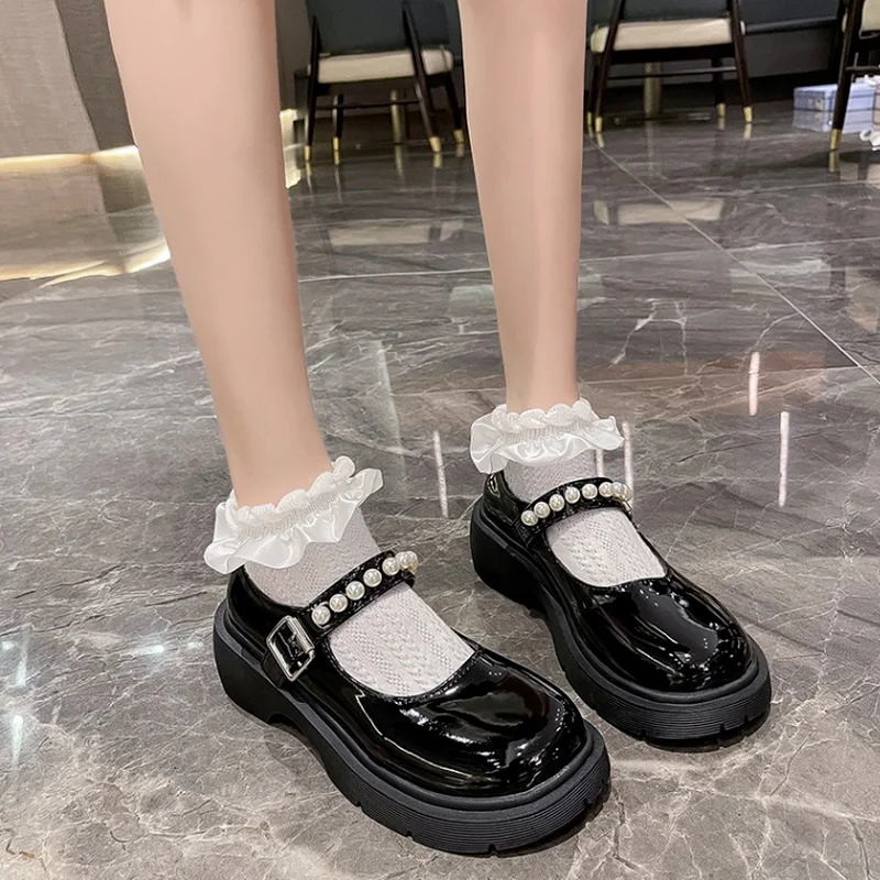 

Mary Janes Shoes Spring Autumn Girls Lolita Shoes Pearl Black Patent Leather Women Platform Woman Flats Round Toe Ladies Shoes