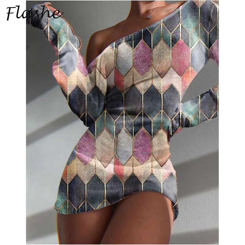 

Spring Autumn Print Dress Women Sexy Off Shoulder Party Dress 2021 New Female Short Dress Women Long Sleeve Holiday Dresses