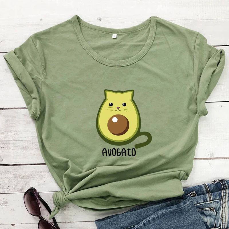 

Colored Avogato Cat 100% Cotton T-shirt Cute Avocado Vegan Top Tee Funny Women Short Sleeve Graphic Vegetarian Tshirt