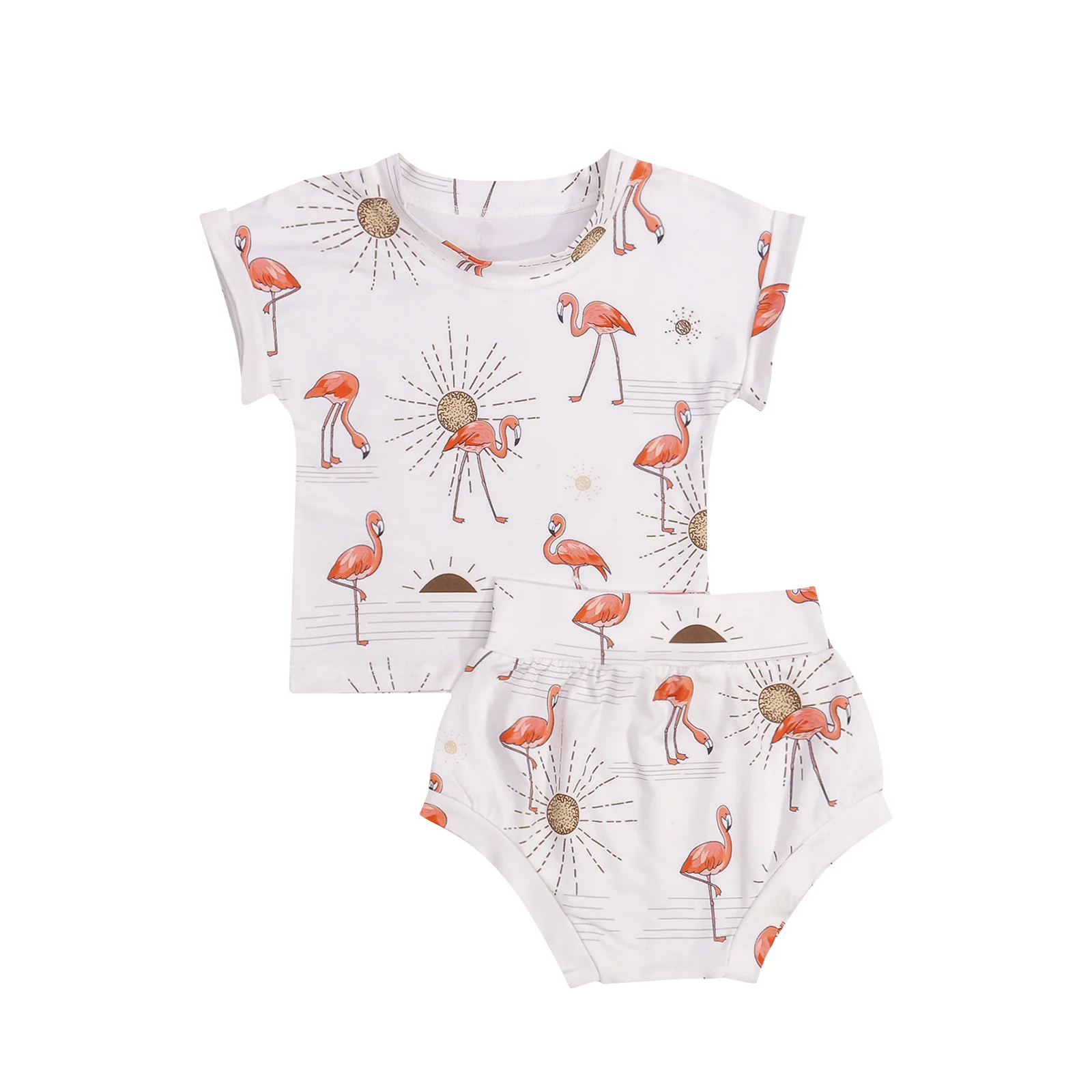 

OPPERIAYA 2Pieces Kids Casual Set Flamingo Print Round Neck Short Sleeve T-Shirt Shorts for Summer Baby Girls Yellow 0-3 Years