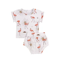 opperiaya 2pieces kids casual set flamingo print round neck short sleeve t shirt shorts for summer baby girls yellow 0 3 years