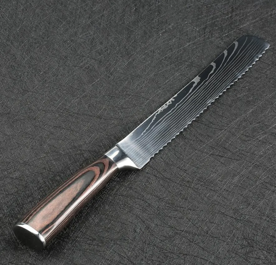 Нож для хлеба-8-дюймовый лазер из нержавеющей стали дамасский узор зубчатый