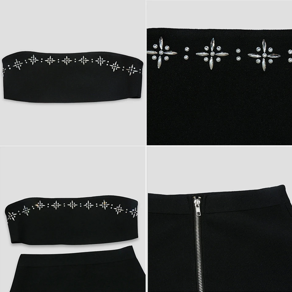 

High Quality 2021 Spring Women's Black Diamond Bodycon Bandage 2 Two-Piece Set Sexy Tube Top and Tassel Mini Skirt Party Set