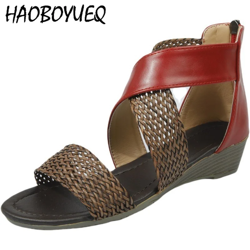 

Women Fashion Roman Casual Beach Leather Canvas Weave Sandals Fish Mouth Heel Shoes Zippe Open toe Shoes sandalias de mujer