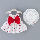 Новинка, летние детские платья, Повседневная Милая одежда без рукавов для маленьких девочек с принтом в горошек с фруктами и бантом, вечерние платья принцессы + шляпа от солнца