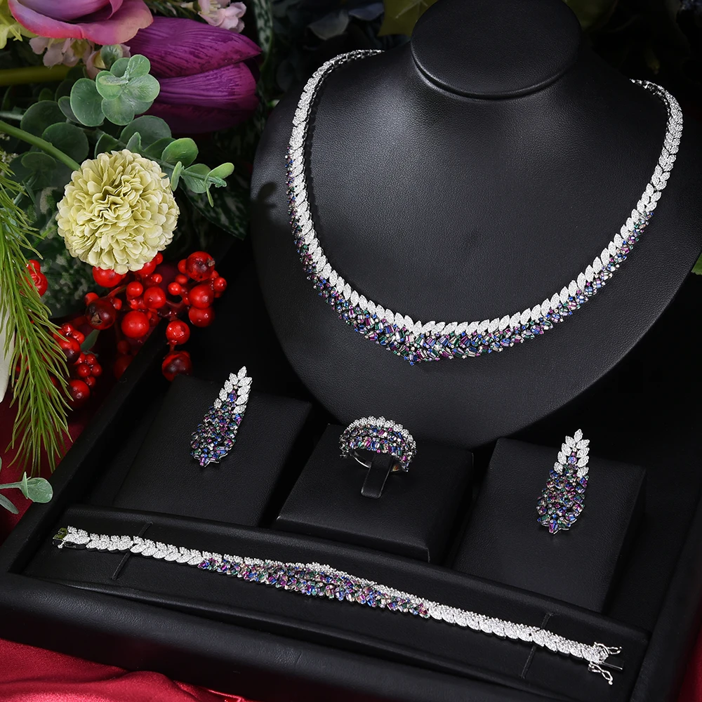 

High Quality Luxury Shiny Bridal Necklace Bracelet Earrings Ring Jewelry set For Ladies Women Wedding African CZ Jewelry