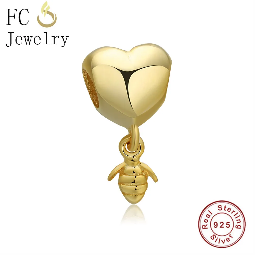 

FC Jewelry Fit Original Pan Bracelet Authentic 925 Sterling Silver Heart Gold Color Heart Honey Bee Bead Berloque 2022 New