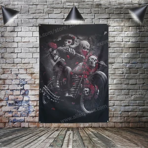 Череп Татуировка Мотоцикл Байкер розы флаг баннер сексуальная леди красота Искусство украшения дома висит 4 люверса в углах 3*5 футов