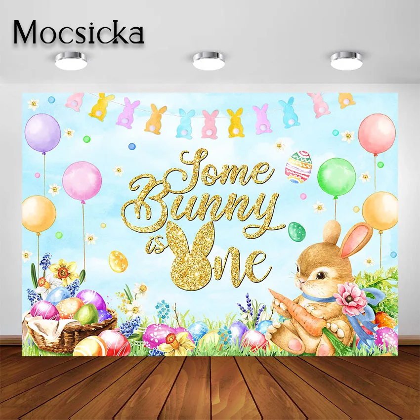 

Mocsicka Easter Bunny Birthday Backdrop Some Bunny is Turning One Party Decorations Background for 1st Birthday Photoshoot Props