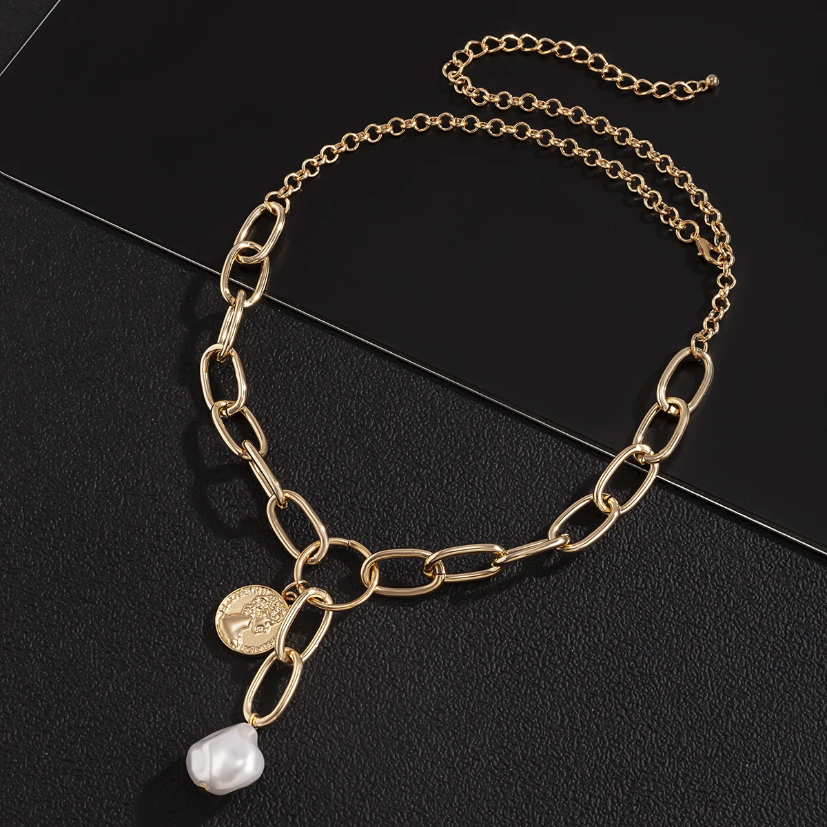 

KunJoe Bohemian Vintage Fashion Baroque Pearl Choker Necklace For Men Women Hip Hop Punk Coin Pendant Neckalce Unisex Jewerly