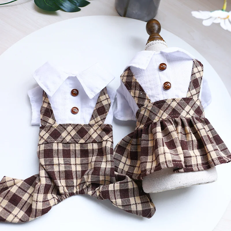 

Pet Dog Plaid Dress Soft Thin Jumpsuit Costumes Spring Summer Puppy Cat Couple Clothes Outfit for Chihuahua Teddy Small Dog Cat