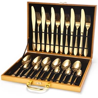 24 piece set knife fork spoon stainless steel tableware wooden box gift box gold spoon and fork set