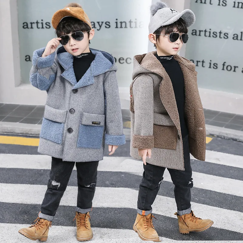 

Boys Woolen Coats Fleece Jackets Outwear 2021 Simple Thicken Warm Plus Velvet Winter Autumn Overcoat Baby's Kids Children's Clot