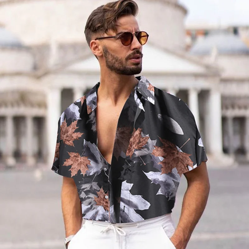 

Vintage Button Turn-down Collar Shirts Men Fashion Maple Leaf Printing Cardigan Tops 2021 Summer Short Sleeve Mens Casual Shirt