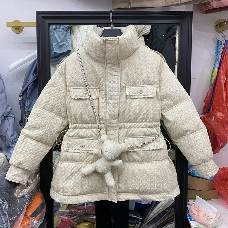 

Fashion Women Beige Puffer Jacket New Winter Parkas Casual Stand Collar Drawstring White Duck Down Outwear Female Windproof Coat