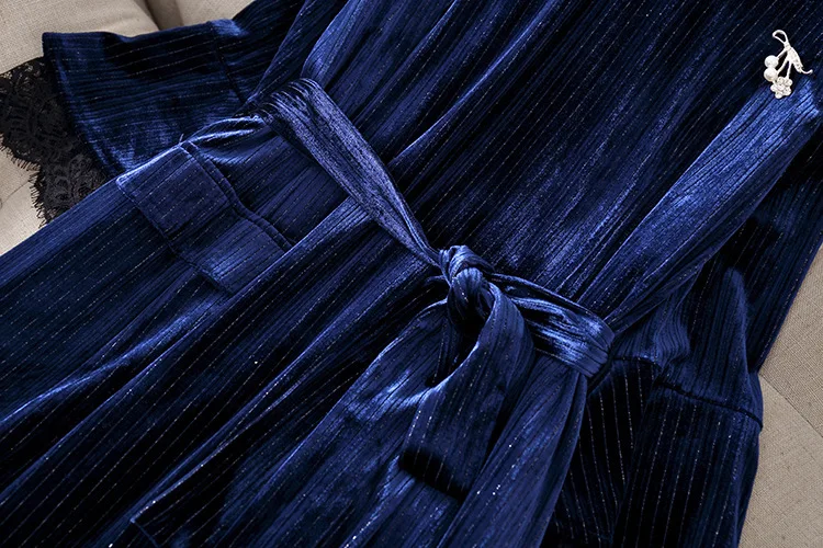 Autumn Winter Navy Blue Casual Velvet Women Long Sleeve Solid Elegant Dress Women Plus Size Dinner Dresses for Women Robe