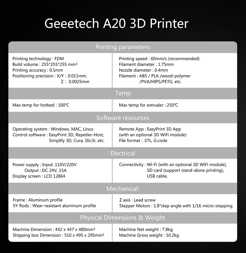3D-принтер Geeetech A20 с 255 × 255 × 255 мм возможностью создания объема и восстановления, Быстрая Сборка DIY kit