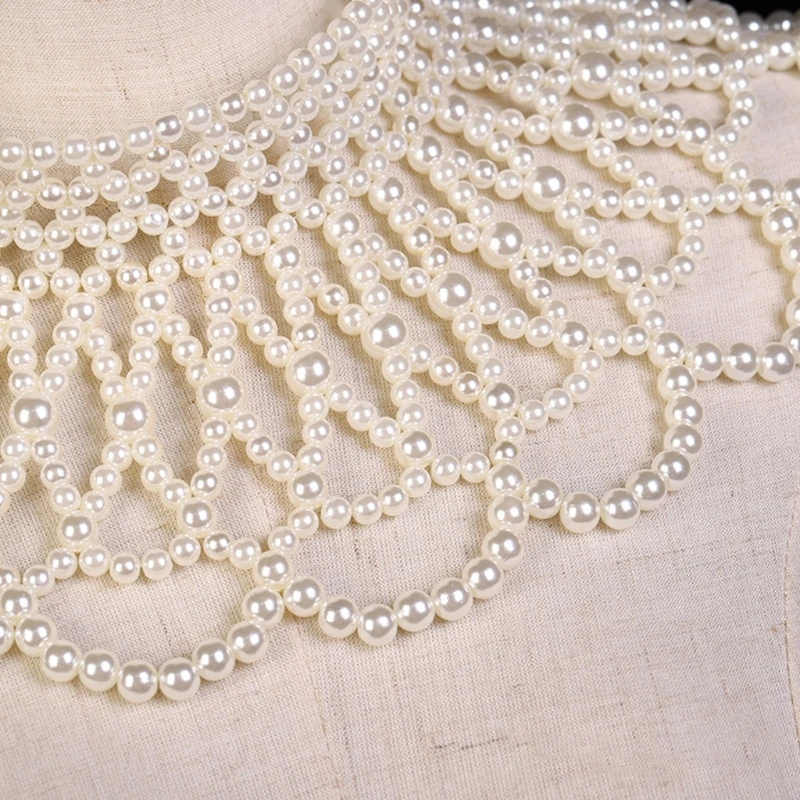 

Imitation Pearl Wavy Chain Necklace Bib Choker Vintage Western Wedding Dress Hollow Out Jewelry Body Chain Collar Shawl