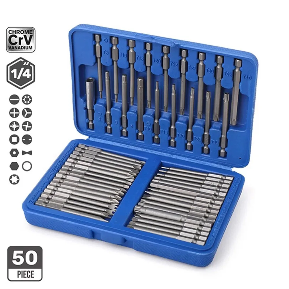

50Pcs 75mm 1/4" Hex Shank Magnetic Screwdriver Bits Allen Hex Pz2 Ph2 Torx Sp Tri-Wing Flat Bit Tamper Proof Security Bits Set