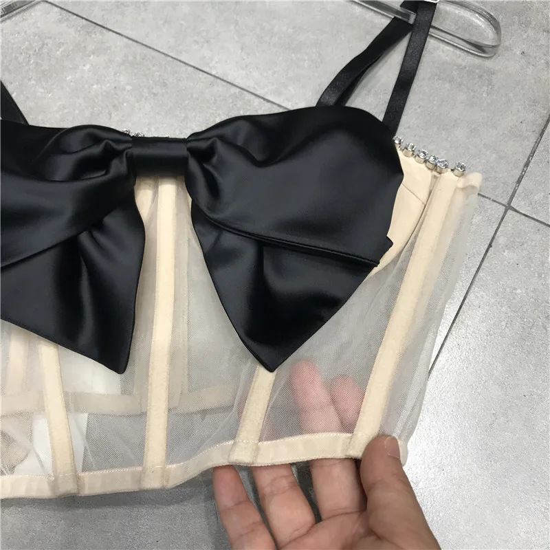 

Black Big Bowknot Mesh Camisole Top Women Beaded Diamond Fish Bone Corset 2021 New Sexy Perspective Boat Neck Short Top y1000