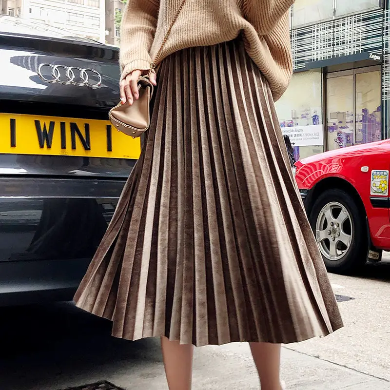 

Velvet pleated skirt half-length skirt female autumn and winter mid-length ladies high-waist long skirt fashion a-line skirt