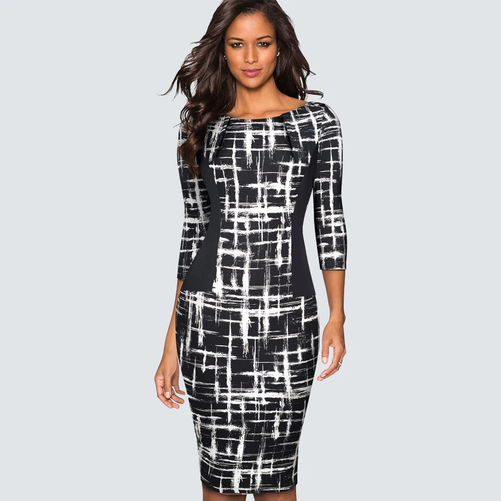 Women Elegant Houndstooth office lady Dress Casual Fitted sheath bodycon Pencil Dress EB543