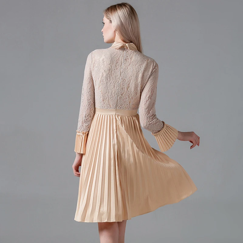 

Lace Patchwork Pleated Dress Women Stand Neck Flare Sleeve Mini Dress Rhinestone High Waist Runway Dress Zipper Elegant B714