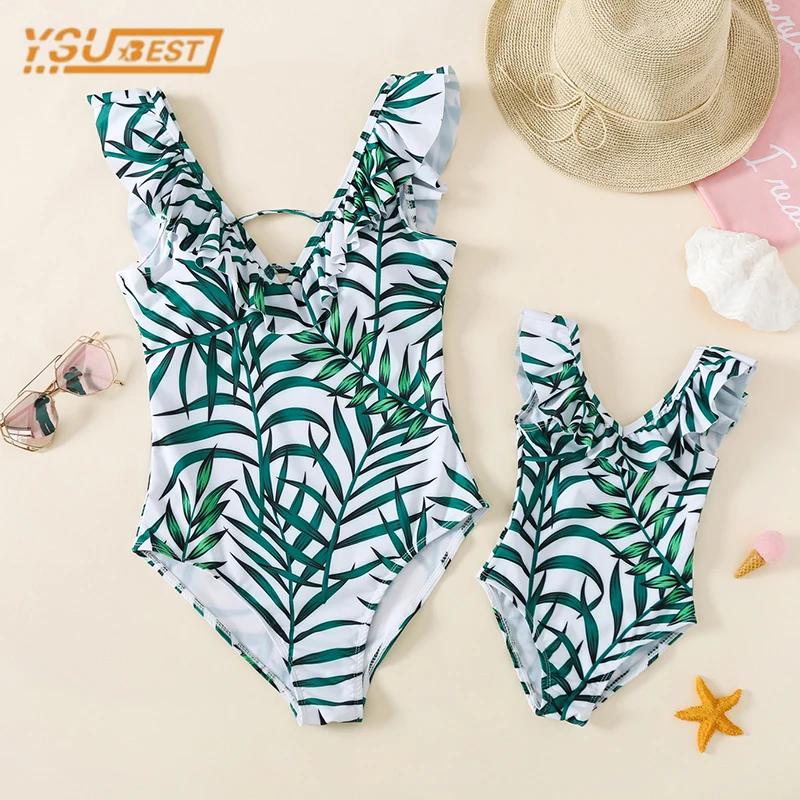

Family Matching Outfits Family Look Mother Daughter Mommy Family Swimsuit Leaf Printing Clothes Family Clothing Swimsuit