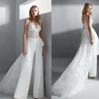 elegant overskirts jumpsuits wedding dresses 2021new sheer jewel neck lace bohemian beach bridal gowns boho wedding dress pants