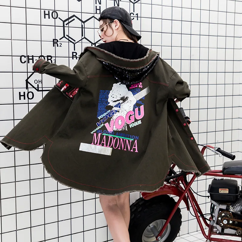 Женский Осенний пуловер QING MO однобортный свободный тренчкот с блестками женское