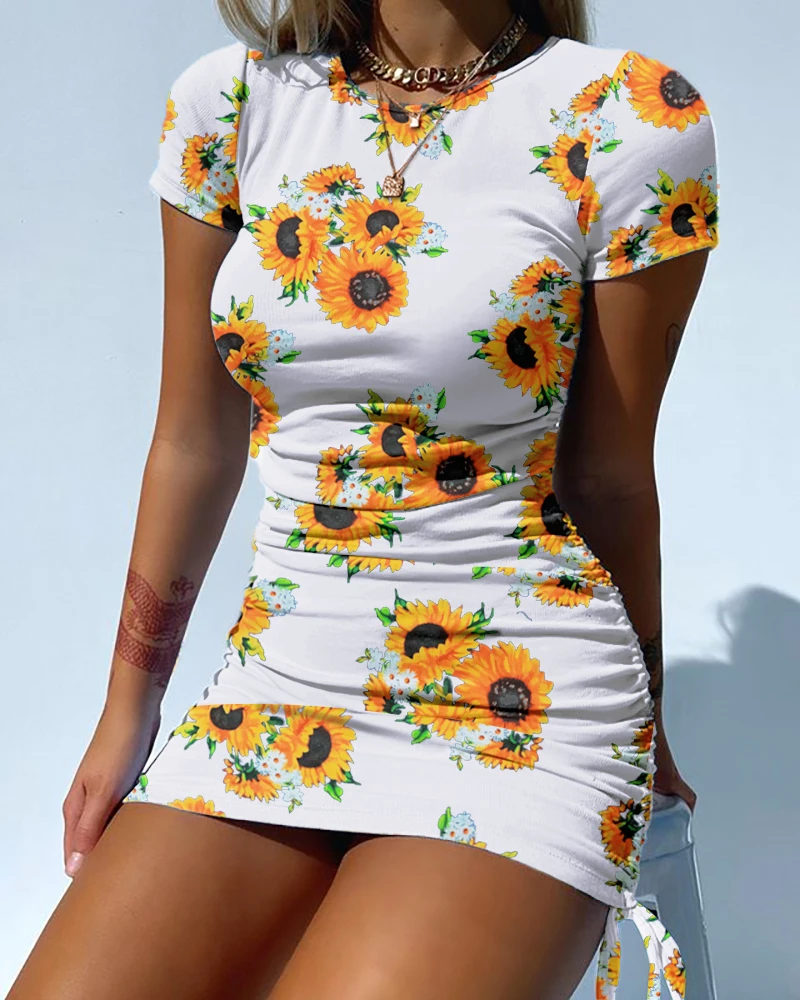 

Women Sexy Summer Dress Solid Drawstring Ruched Bodycon Dress