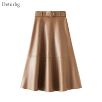 womens elegant faux leather midi skirt free belt korean female high waist black a line pu skirts faldas saias 2021 autumn sk581