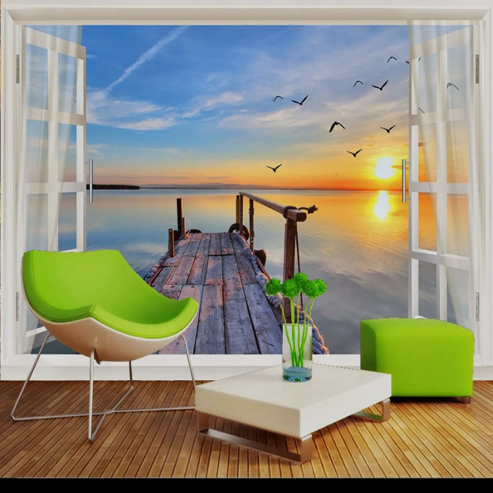 

Drop Shipping Custom Beautiful Scenery Outside Window Seaside Scenery TV Background Wallpaper 3d Sky Wallpaper Murals Nature