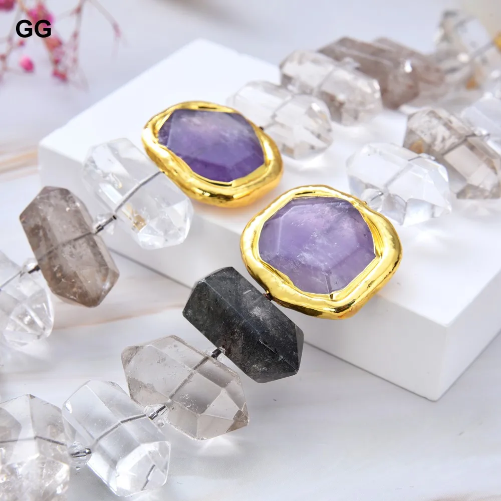 

GuaiGuai Jewelry Natural Clear Rutilated Quartzs Prasiolite Double Terminated Point Purple Amethyst Nugget Crystal Necklace