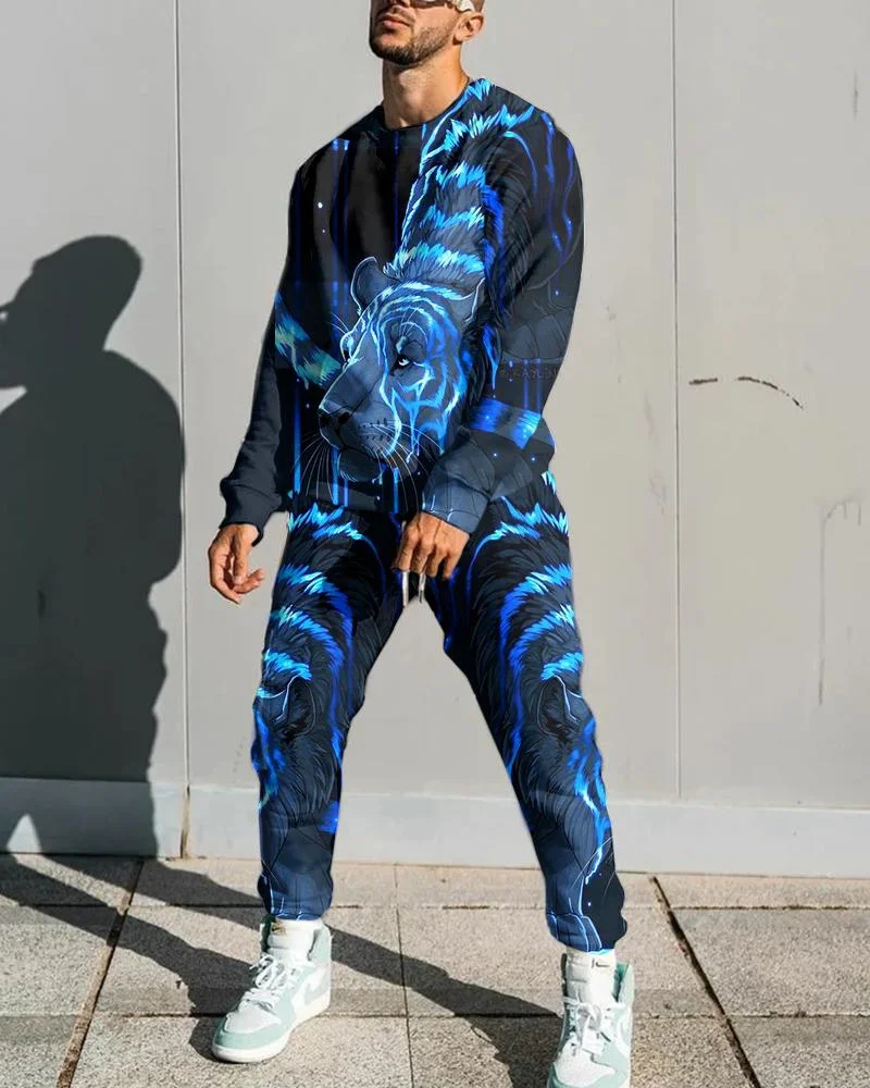 

3D Lion Printing Coat+Pants Gyms Casual Sportswear Suit Men Set Tracksuit Men Sportsuits Gentlemen Set Long Sleeve T-shirt Suit