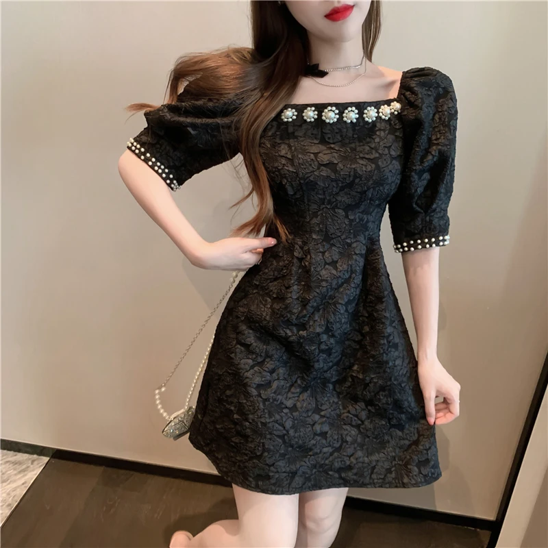 

Black White Short-Sleeved Nail Bead Party Spring Summer Clothes Dress For Women'S Vetement Femme 2021 Sukienka Sundress Vintage
