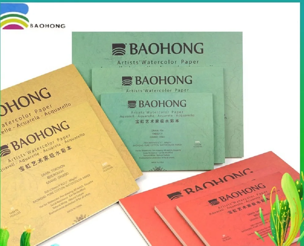 Baohong-100% de algodón para artistas, libro de Acuarelas de papel, sellador de cuatro lados, 300g, suministros escolares finos/medios/rugosos