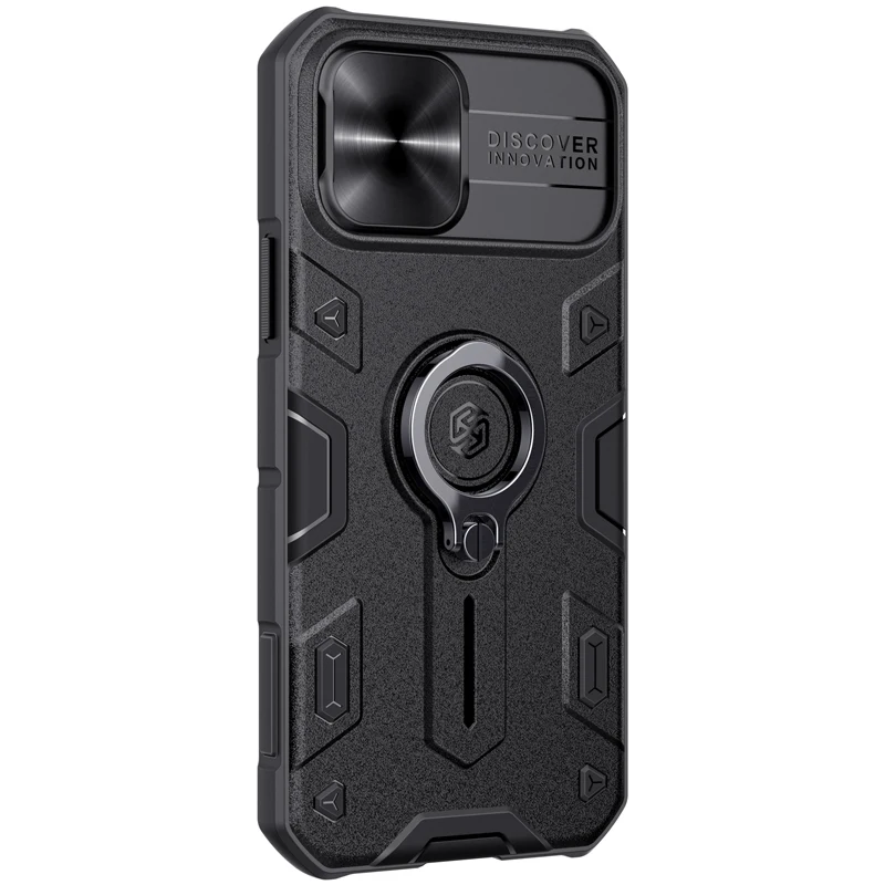 

For Iphone 12 pro Case Military Grade Case with Stand Kickstand Ring and Slide Camera Cover（Black）