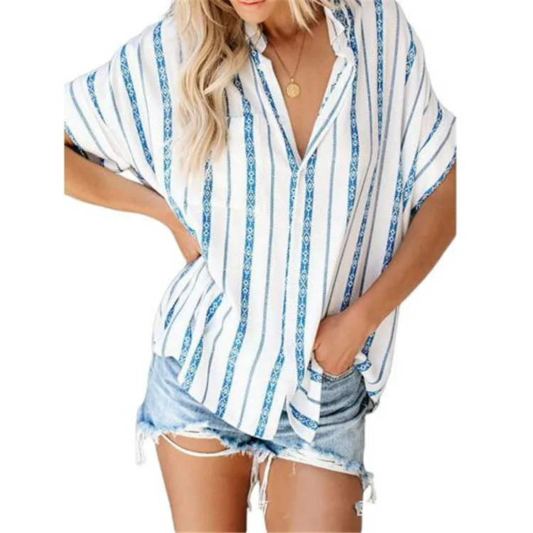 Женская рубашка-поло в полоску с коротким рукавом и пуговицами | одежда