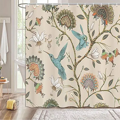 

Khaki Floral Pattern Shower Curtain Modern Bohemian Style Blue Birds Print Bathroom Shower Curtain Elegant Lovely Flowers Animal