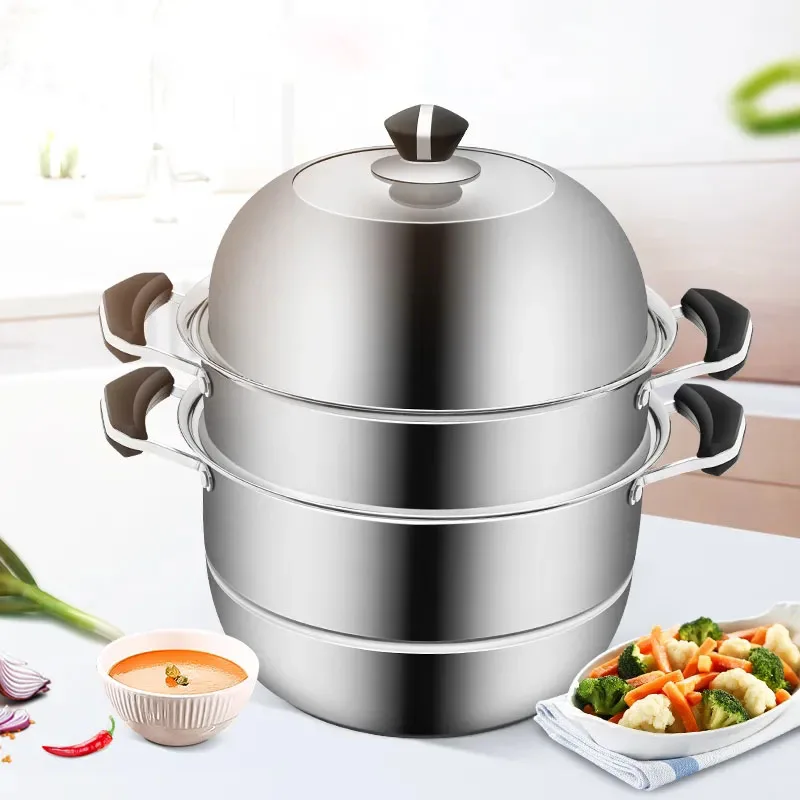 

Stainless Steel Steamer for Steamed Buns and Induction Cooker Three-layer Household Large Thickened Bamboo Steamer 28cm Steam