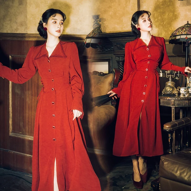 

2021 Fashion Spring And Autumn The New Waist Bandage Big Swing Long Sleeve Dress Free Shipping
