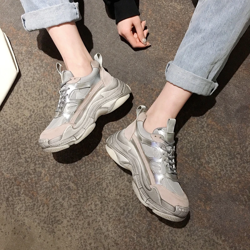 

MIYEDA Women Sneakers Dirty Shoes Thick Sole Lace-Up Black Pink All-Match Breathable Light Running Daddy Casual Chunky Sneakers