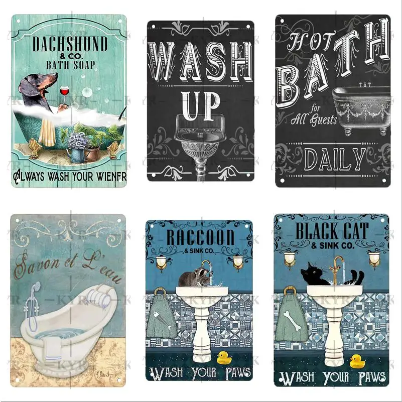Такса Черный кот вокальная собака металлический жестяной знак туалет ванная