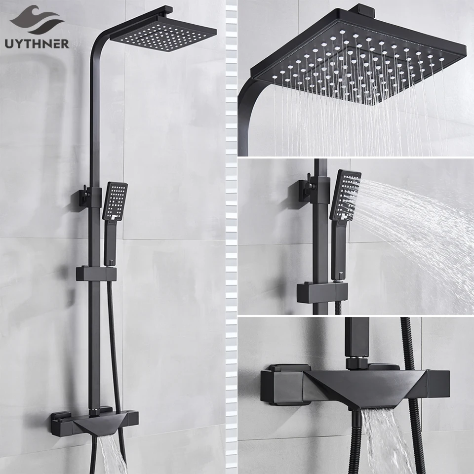 Смеситель для ванной комнаты черный дождь Душевая Головка Термостатический смеситель для ванны настенный смеситель для ванной душ смеситель для душа душевой набор